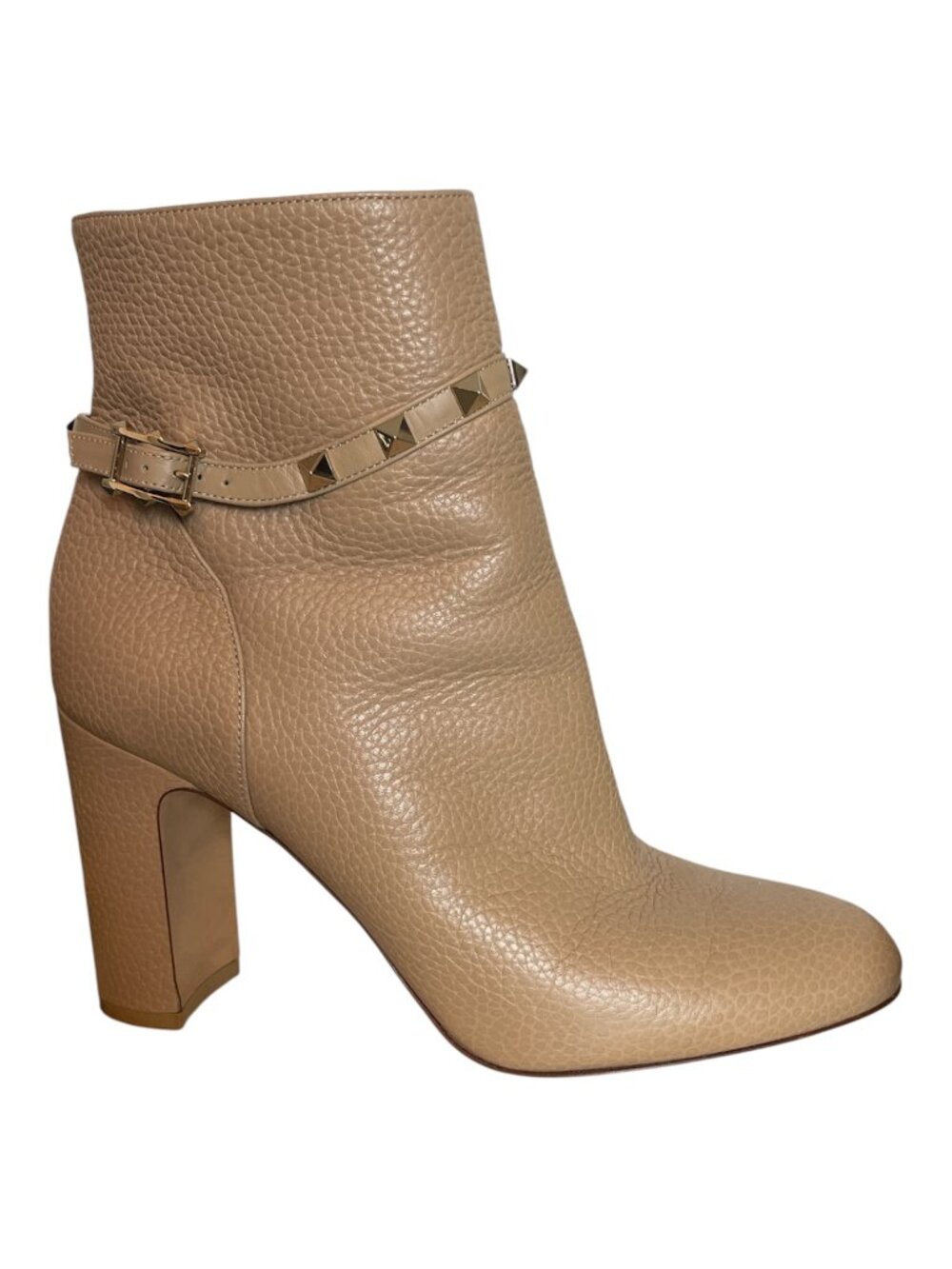 VALENTINO Rockstud Pebbled Leather Buckle Ankle Boots Block Heel Booties \\ 39.5